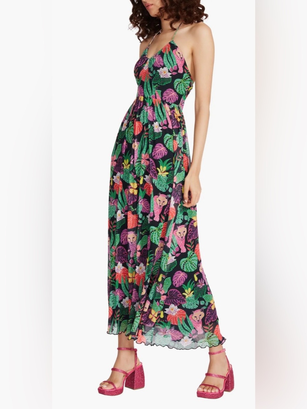 BETSEY JOHNSON Paulina Tropical Jungle Leopard Toucan Halter Maxi Dress